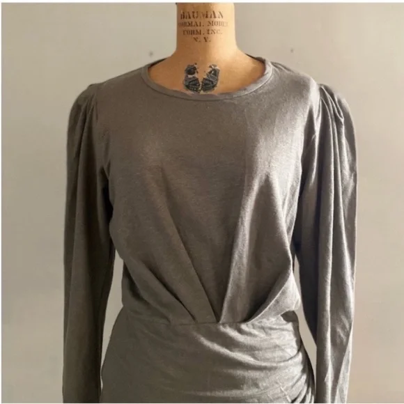 IRO] Olive green Garah ruched Stretch Linen jersey Puff pad sleeve Mini Dress